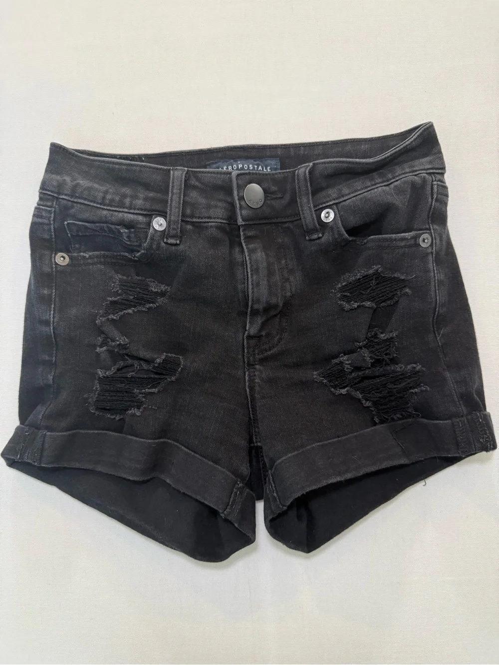 Aeropostale Black Distressed Cuffed Denim Shorts
